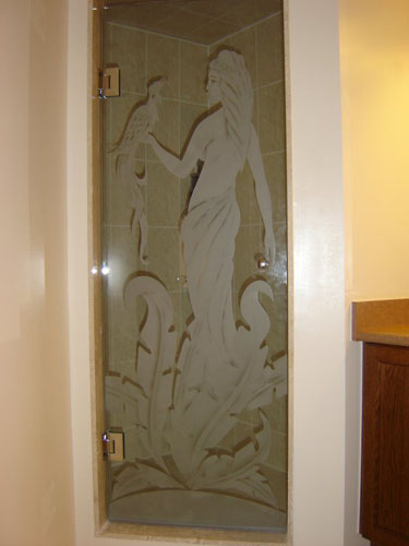 Woman with bird design on shower door