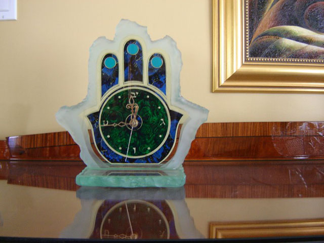 Marbleized and carved glass clock on base