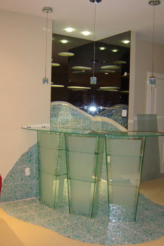 Artistic bar glass table with back mirror and shelves